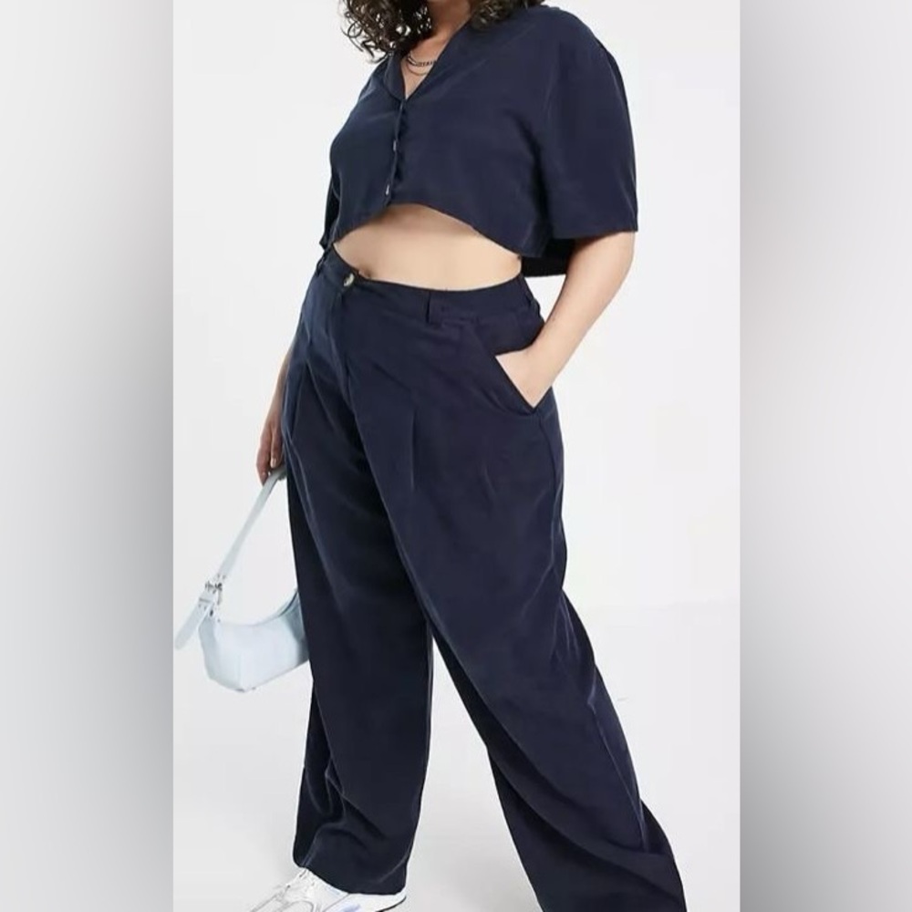 ASOS Navy Boxy Cropped Shirt & Highwaisted Pant Set